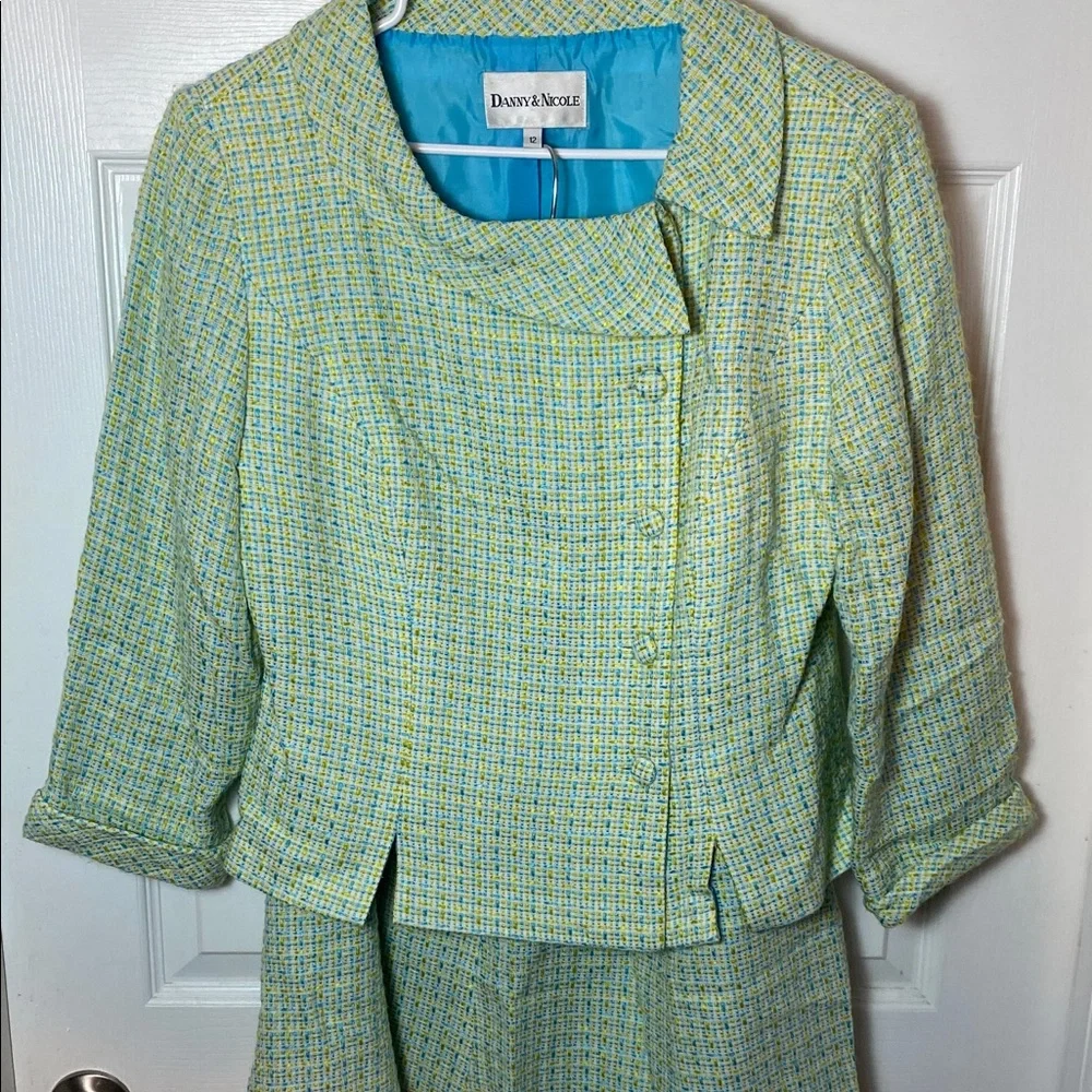 Dana Buchman Women's Yellow and Blue Tweed 2 Piece Skirt Suit Blazer Jacket - Picture 4 of 13